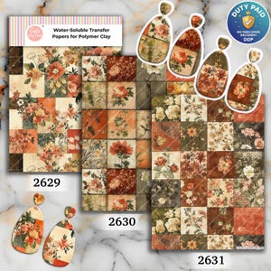 Puede incluir: Papeles de transferencia solubles en agua para arcilla polimérica con diseños florales en tonos naranja, rojo y crema. La imagen incluye tres diseños de papel diferentes, cada uno con una disposición floral única, y varias muestras en forma de pendientes.