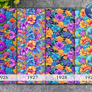 Peut inclure: Quatre panneaux verticaux de tissu présentant un motif floral vibrant avec des fleurs et des feuilles violettes, orange, jaunes et bleues. Chaque panneau est étiqueté en bas avec les numéros 1926, 1927, 1928 et 1929 respectivement.