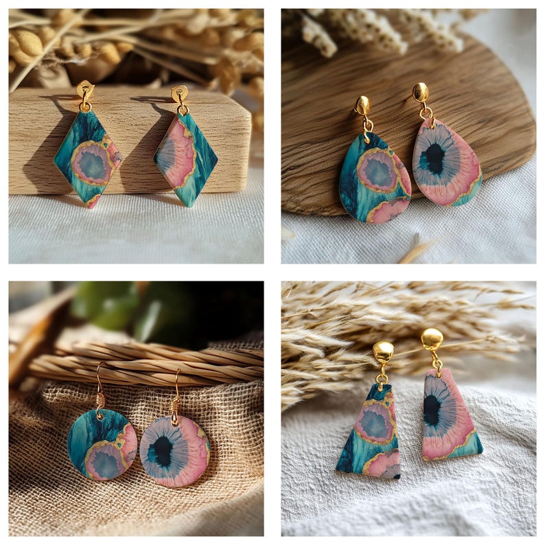 May include: A collection of four pairs of dangle earrings featuring gold-toned hardware and flat, geometric shapes including diamonds, teardrops, circles, and triangles. Each piece displays a marbled pattern in shades of teal, pink, and dark blue.