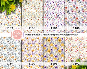 Water soluble Transfer paper for polymer clay, Colorful wildflowers watercolor patterns, polymer clay image transfers, magic transfer paper