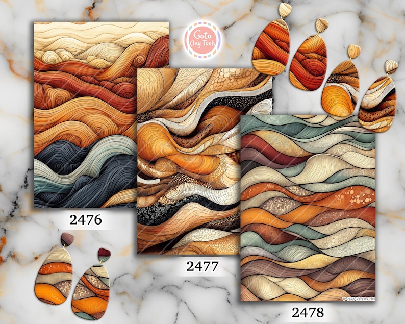 May include: Three rectangular sheets featuring abstract wavy line patterns in shades of orange, brown, cream, and teal, labeled 2476, 2477, and 2478. Six teardrop-shaped earrings display matching patterns with textured, layered, and swirling designs.