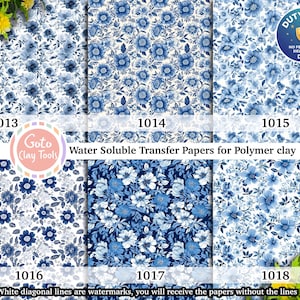 Blue Chinoiserie Floral Transfer Paper for Polymer Clay