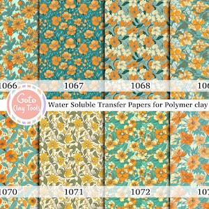 Carta transfer idrosolubile per pasta polimerica, motivi floreali arancioni e gialli, trasferimenti di immagini in pasta polimerica, carta transfer magica
