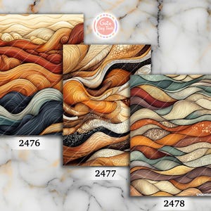 May include: Three rectangular sheets featuring intricate wave patterns in shades of orange, brown, cream, teal, and black. Each sheet is labeled with a number: 2476, 2477, and 2478. The designs consist of flowing lines, textures, and organic shapes.