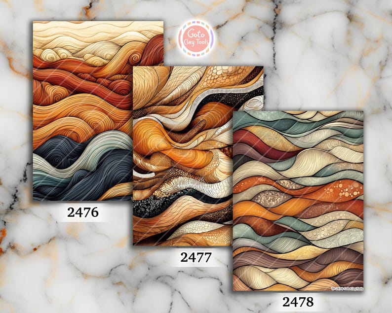 May include: Three rectangular sheets featuring intricate wave patterns in shades of orange, brown, cream, teal, and black. Each sheet is labeled with a number: 2476, 2477, and 2478. The designs consist of flowing lines, textures, and organic shapes.