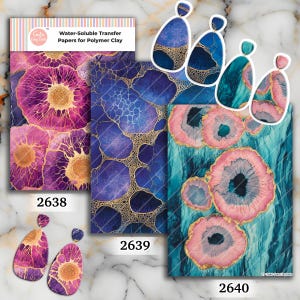 May include: Three rectangular sheets of water-soluble transfer paper for polymer clay labeled 2638, 2639, and 2640, featuring purple, blue, and pink agate-style patterns with gold veining, accompanied by matching teardrop-shaped earrings.