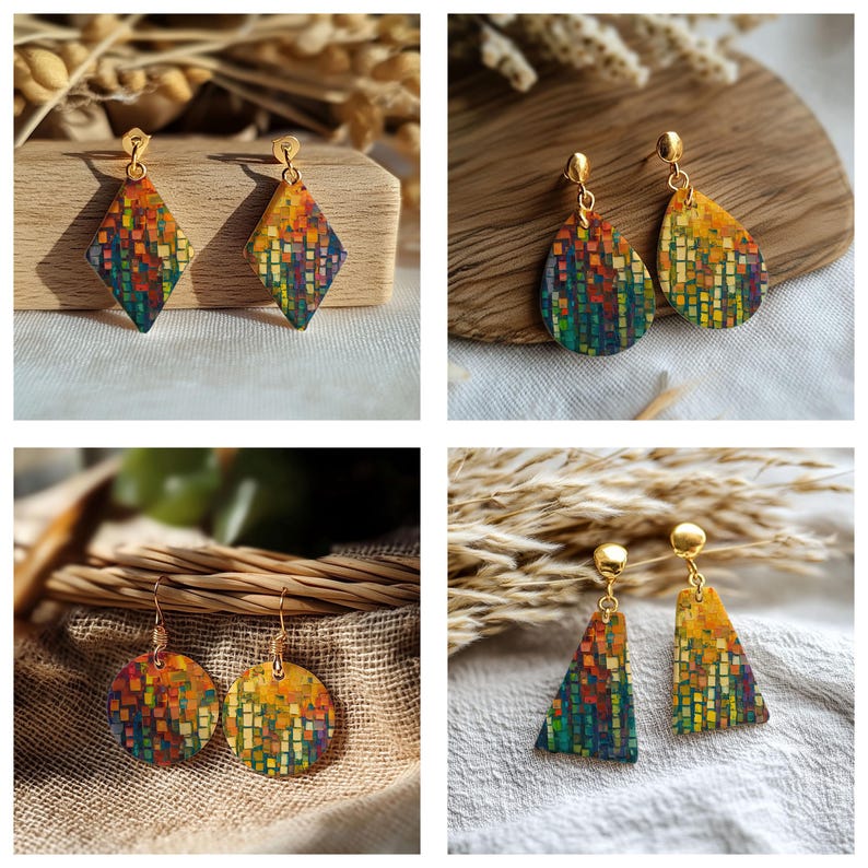 May include: A collection of four pairs of dangle earrings featuring a multi-colored mosaic pattern of small squares in shades of red, orange, yellow, green, and blue. The earrings include diamond, teardrop, circular, and triangular shapes with gold-tone hardware.