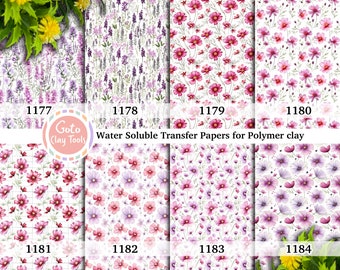 Papier de transfert soluble dans l’eau pour argile polymère, motifs floraux aquarelles roses, transferts d’images en argile polymère, papier de transfert magique