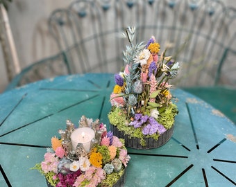 Trockenblumengesteck auf Metalltablett,  Blumengesteck in pastellbunt Tischdeko haltbar, Geschenkidee zum Geburtstag- Muttertagsgeschenk