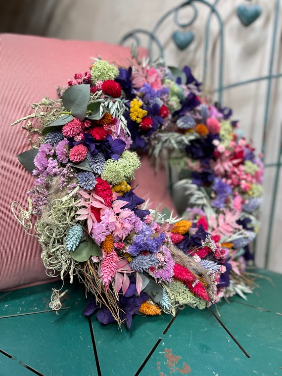 Moderner Trockenblumenkranz für Tür in bunt- Türkranz mit Trockenblumen stilvolles Geschenk für Sie-Herbstkranz-Geburtstagsgeschenk Frau