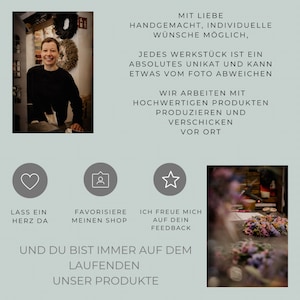 May include: A woman smiles in a shop, with text in German. The text includes phrases like "handmade," "unique," and "high-quality products." Icons include a heart, a person, and a star, with additional text in German.