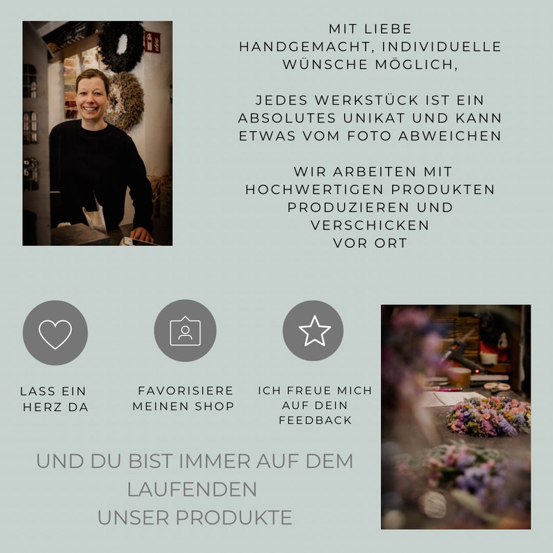 May include: A woman smiles in a shop, with text in German. The text includes phrases like "handmade," "unique," and "high-quality products." Icons include a heart, a person, and a star, with additional text in German.