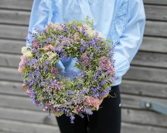 Lavender wreath for summer doors – dried flower wreath for summer lavender with lace, country-style door wreath, gift idea for garden parties – summer table decoration