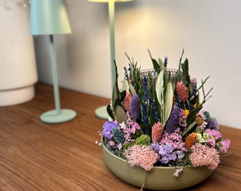 Dried flower arrangement, pastel summer colors - Small summer arrangement with lavender - Table decoration with tealight holder | Mother's Day gift idea, summer decoration