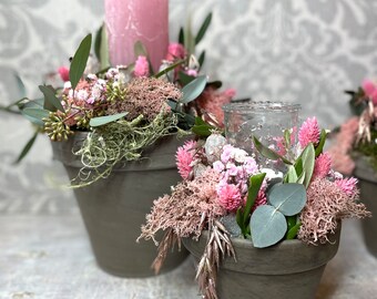 Rosa Trockenblumengesteck für den Tisch- Tischdeko aus Trockenblumen haltbar- Blumengesteck rund für den Tisch- Sommerdeko- Geschenk für Sie