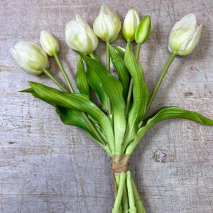 May include: A bouquet of white tulips with green stems and leaves, tied together with twine. The flowers are in various stages of bloom, with some tightly closed and others partially open. The background is a light, textured surface.
