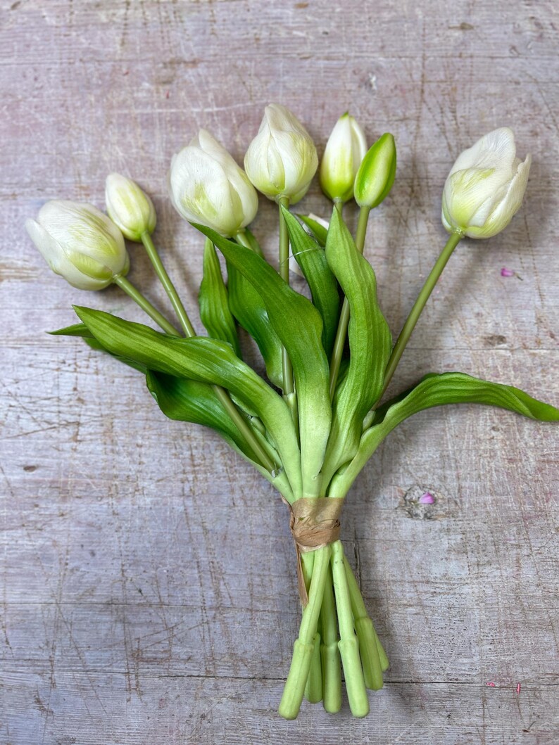 May include: A bouquet of white tulips with green stems and leaves, tied together with twine. The flowers are in various stages of bloom, with some tightly closed and others partially open. The background is a light, textured surface.