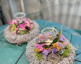 Trockenblumengesteck für den Tisch- Tischdeko aus Trockenblumen haltbar- Blumengesteck rund für den Tisch- Sommerdeko- Geschenk für Sie