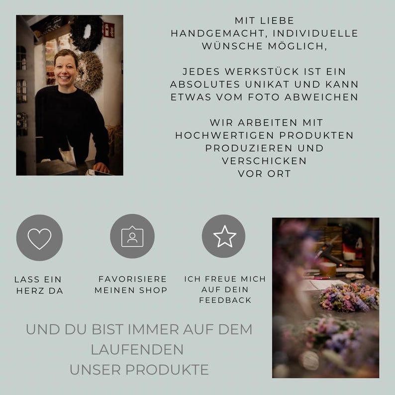 May include: Image features a woman smiling in a shop, with text in German. The text includes phrases like "handmade, individual wishes possible," and "every piece is unique." Icons include a heart, a person, and a star.