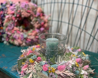 Moderner Trockenblumenkranz mit Glas  in Pastellfarben - Geschenk und Dekoration für jedes Zuhause- tolle Frühlingsdekoration online kaufen