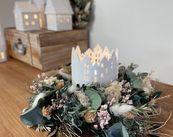 Trockenblumenkranz Natur mit Lichthaus- Kerzengefäß- Edle,moderne Weihnachtsdeko zum verschenken oder gib deinem Zuhause eine festliche Note