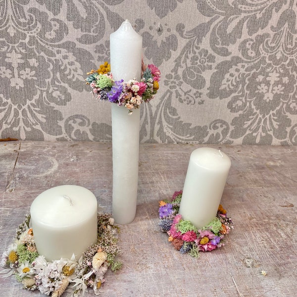 Trockenblumenkranz für stimmungsvollen Kerzenschmuck- Kerzenkranz individuelle Größen und Farben für Kommunionkerze-Hochzeitskerze-Taufkerze