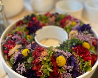 Kräftigbunter Trockenblumenkranz für den Tisch-Türkranz-Kranz Haltbar-Tischdeko haltbar-Trockenblumen-modern-Blumenkranz ganzjährig-