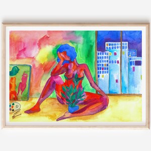 Chica en casa Acuarela Arte Print/ Tarjeta