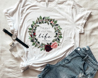 Christian floral apparel the start of your new life 2 Cor 5:17 t-shirt, women's faith shirt with roses
