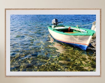 Arte de la pared del barco de madera, descarga digital, fotografía del mar, decoración costera, arte de la pared náutica, arte imprimible, océano, bote de remos, regalo de la casa de la playa