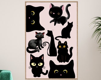 Black Cat Wall Art, Cats Poster, Digital Download, Black Cat Print, Cat Lovers Gift, Eclectic Wall Art, Printable Art, Maximalist Print