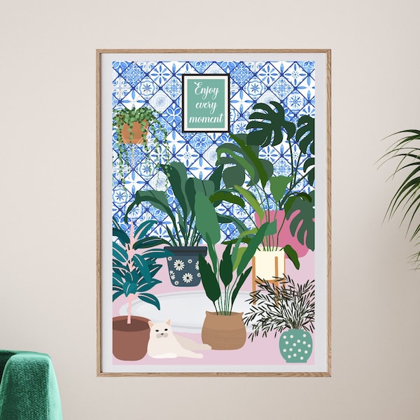 Botanical Houseplants Wall Art, Potted Houseplants Print, DIGITAL DOWNLOAD, Mediterranean Tiles, Cat, Boho Botanical Decor, Eclectic Poster