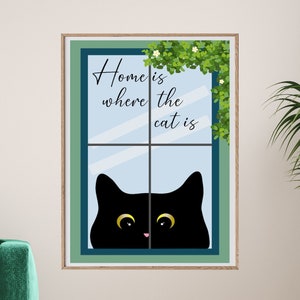 Home is Where the Cat is, Cat Wall Art, Digital Download, Black Cat Print, Eclectic Wall Art, Maximalist, Cat Lovers Gift,Colorful,Printable