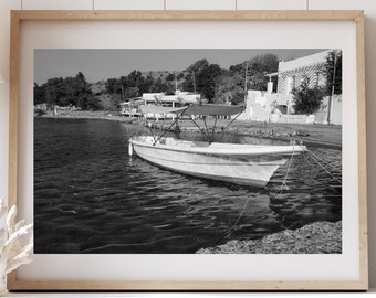 Art mural de bateau, téléchargement numérique, art mural noir et blanc, art imprimable, maison d'été, photographie de mer, océan, photographie de plage, côtier
