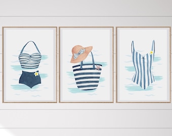 Arte mural de traje de baño vintage, conjunto de tres impresiones de traje de baño, descarga digital, decoración de casa de playa, arte mural de casa del lago, impresión de bolso de playa