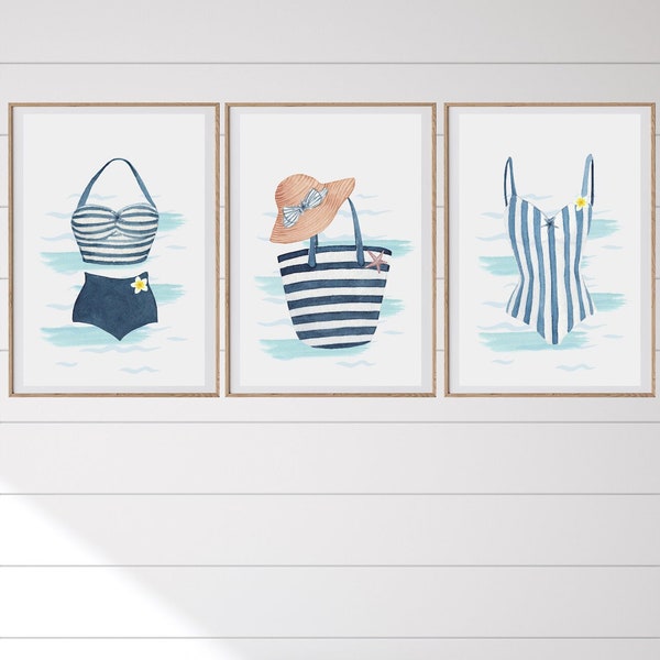 Vintage Swimsuit Wall Art, Bathing Suit Set of Three Prints, DIGITAL DOWNLOAD, Beach House Decor, Lake House Wall Art, Beachbag Print