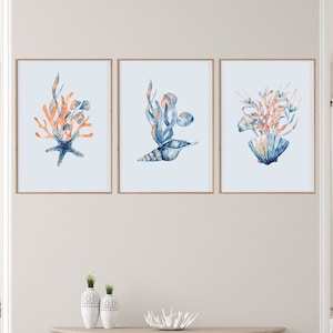 Coastal Gallery Wall-Set, Koralle Wandkunst, 3 Drucke, DIGITAL DOWNLOAD, Seegras, Muschel Poster, Seestern, hellblauer Hintergrund