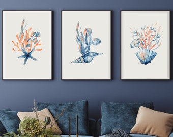 Coral Wall Art, Coastal Gallery Wall Set, Digital Download, Seaweed Art, Seashell Print, Watercolor, Starfish Poster, White Background