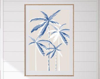 Impresión de palmera, arte de pared azul y blanco, descarga digital, arte de pared de palmera, impresión costera, arte de playa moderno, decoración de casa de playa, imprimible