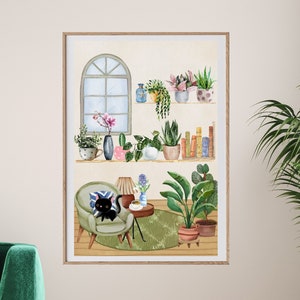 Boho botanische Wandkunst, Zimmerpflanzen Druck, digitaler Download, schwarze Katze, Aquarell Poster, Katzenliebhaber Geschenk, Blumenwandkunst, Pflanzenliebhaber