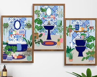 Bathroom Wall Art, Bathtub Print, DIGITAL DOWNLOAD, Toilet Poster, Bathroom Decor, Blue Mediterranean Tiles, Maximalist Wall Art, Tropical