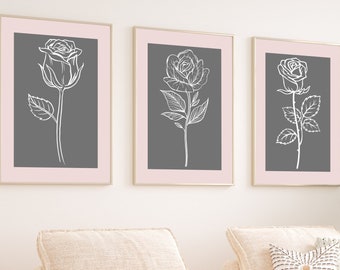 Floral Set of Three Prints, Line Art, DIGITAL DOWNLOAD, Pink Grey Wall Art, Rose Print, Mother's Day Gift, Botanical Decor, Flower Wall Art