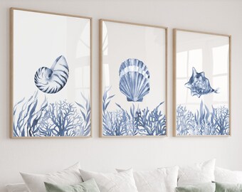 Seashell Print, Coastal Gallery Wall Set, DIGITAL DOWNLOAD, Blue Beach Wall Art, Beach House Decor, Watercolor Beach Art, Coral Wall Art