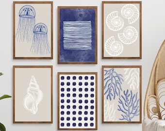 Arte de la pared costera, conjunto de pared de la galería Boho Beach, DESCARGA DIGITAL, impresión abstracta, arte de la pared de conchas marinas, medusas, coral, decoración de la casa de playa