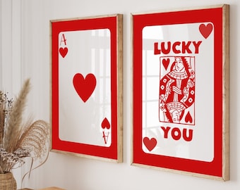 Retro Wall Art, Queen of Hearts set van twee, digitale download, Lucky You Print, afdrukbare trendy poster, rode aaskaart, speelkaarten kunst