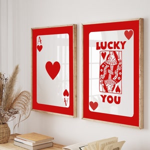 Arte de pared retro, reina de corazones juego de dos, descarga digital, Lucky You Print, cartel de moda imprimible, tarjeta Red Ace, arte de naipes