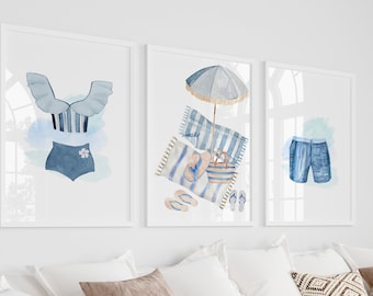 Coastal Gallery Wall Set, Beach Wall Art, DIGITAL DOWNLOAD, Watercolor Swimsuit Art, Vintage Bathing Suit Print, Swim Trunks Wall Art