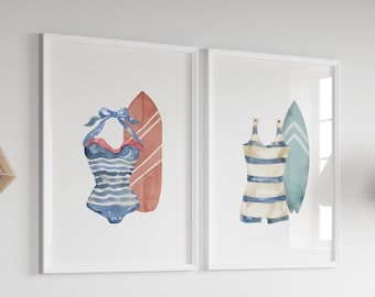 Impresión de surf vintage, arte de pared de traje de baño vintage, DESCARGA DIGITAL, impresión de tabla de surf, arte de acuarela, arte de pared costera de acuarela, casa de playa