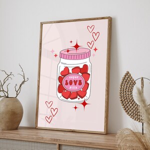 Retro Wandkunst, Super Love Pills, digitaler Download, bunt, Valentinstag Druck, rote Herzen, vielseitiger Druck, lustige Wandkunst, trendige Retro