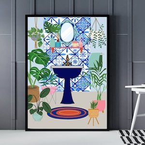 Bathroom Wall Art, Tropical Bathroom Poster, Digital Download, Potted Houseplants Print, Printable Art, Colorful Bathroom Decor, Botanical